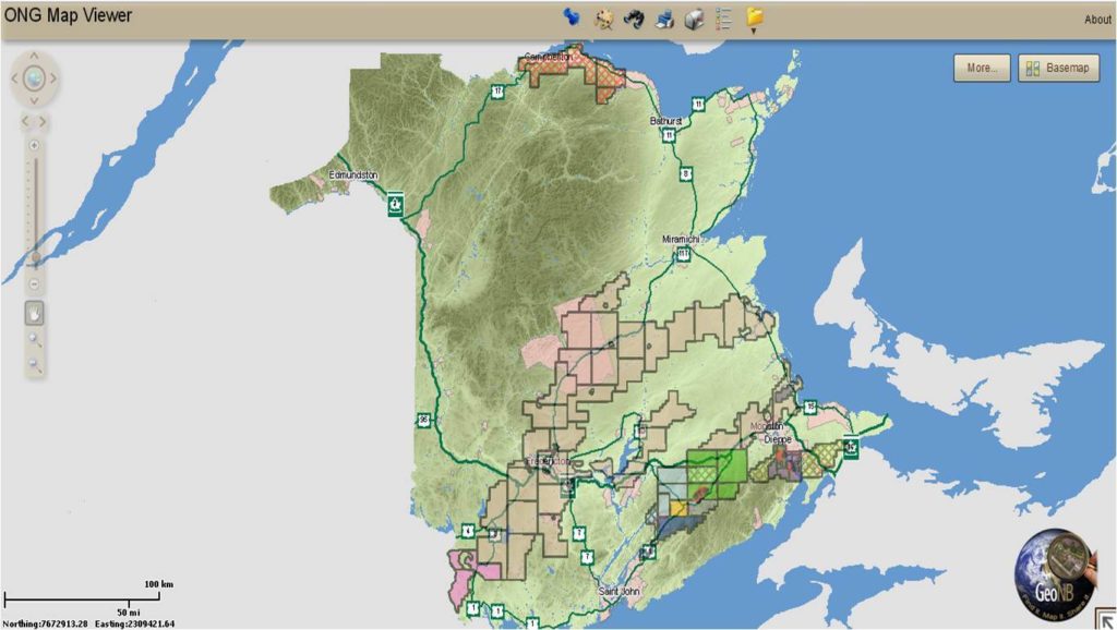 The current New Brunswick oil and gas rights holder map. Click to zoom onto an area of specific interest. Source: Service New Brunswick.