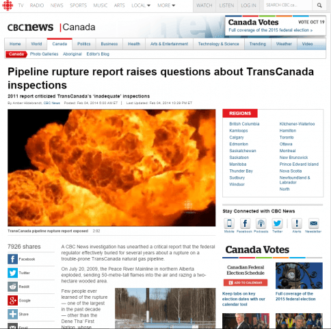 CBC story from February 2014 about a report critical of TransCanada's inspection process which was buried by the National Energy Board for several years.