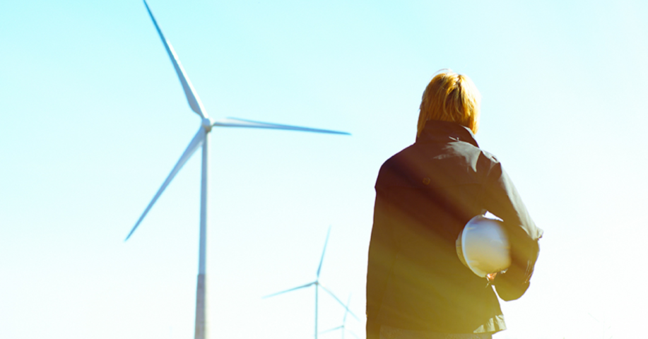 A technician overlooks a windmill farm.