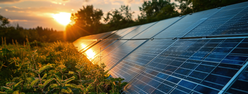 solar panels in front of sunrise